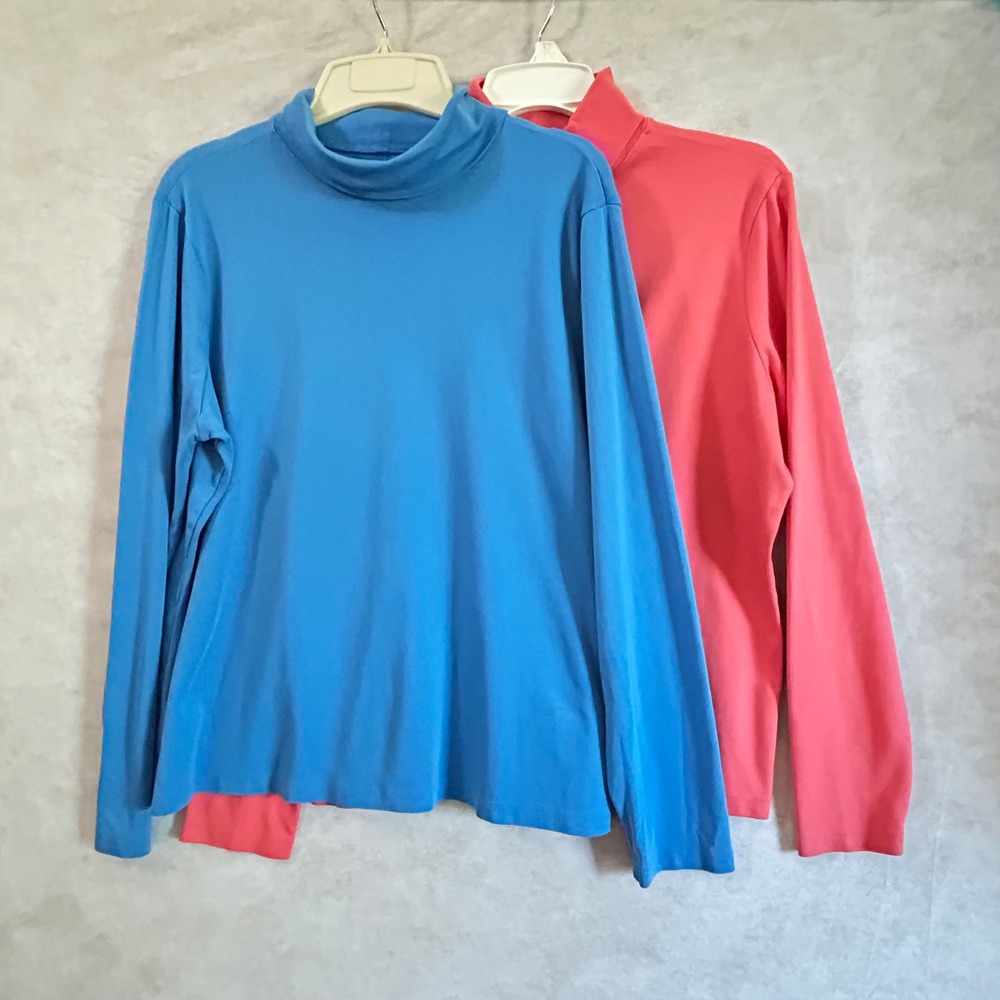 LL Bean Womens XL Supima Cotton Turtleneck Shirt Lot 2 Blue & Coral 214949
